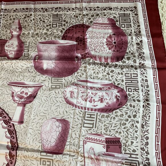 Large Silk Scarf 42 in square NWT silky Asian red pink teapots vessels vases - Picture 8 of 11